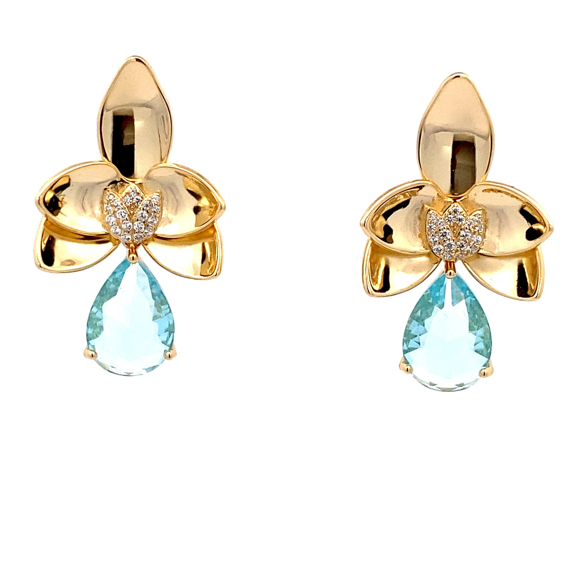 Ralf Scharrer meets Vinczenza!  exklusive Ohrringe Silber gelbvergoldet mit großem weißem Zirkonia-Stein und einem hellblauen tropfenförmigen Zirkonia.-Stein