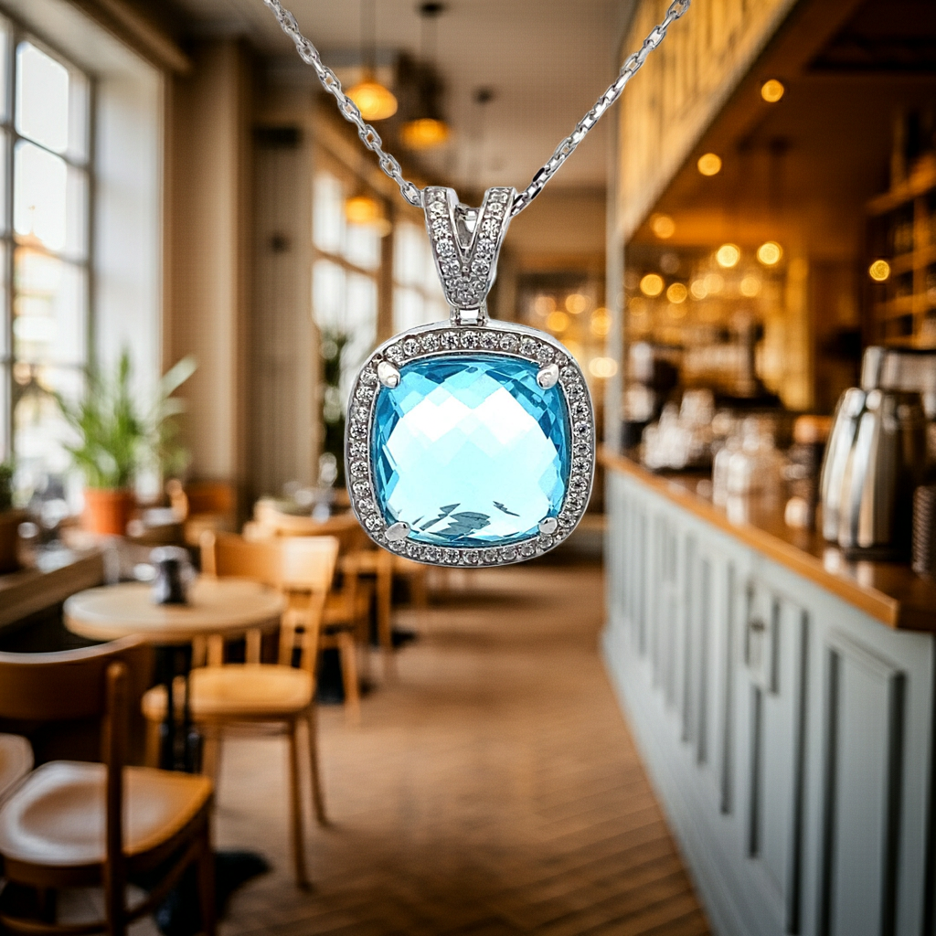 Ralf Scharrer meets Vinczena!   exklusiver Anhänger/ Ankerkette mit hellblauem Zirkonia-Stein 925 Silber rhodiniert oder gelbvergoldet