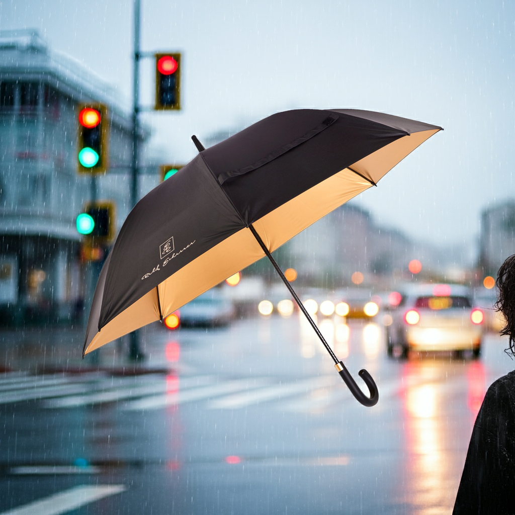 der perfekte Regenschirm in schwarz/gold