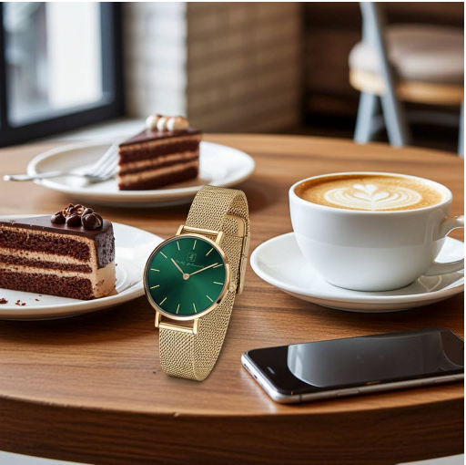 Neue Farbe- neues Du! Damenuhr Milanese Gold mit dunkelgrünem Ziffernblatt “Düsseldorf” 32 mm