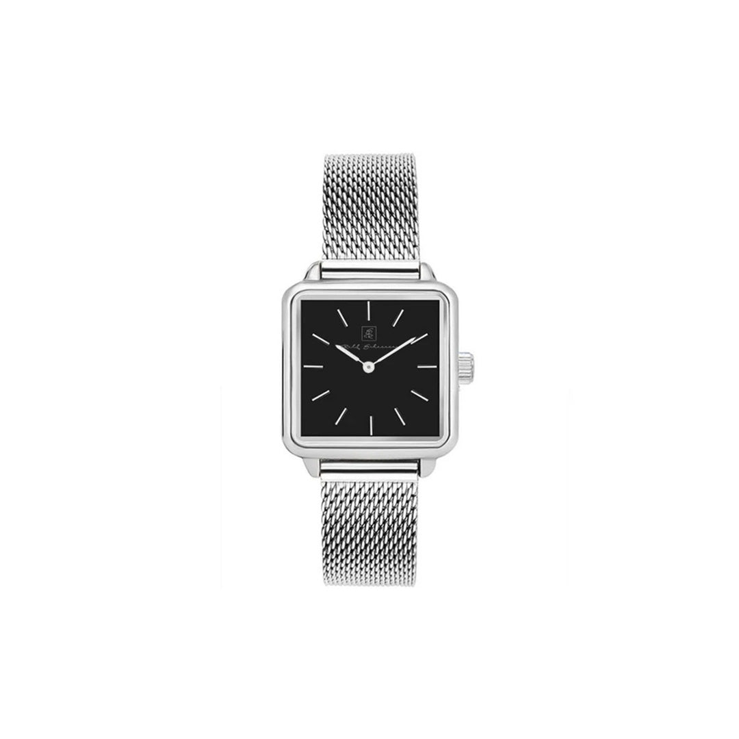 Damenuhr viereckig Mesh silber mit schwarzem Ziffernblatt “Bad Ems” 26×28 mm