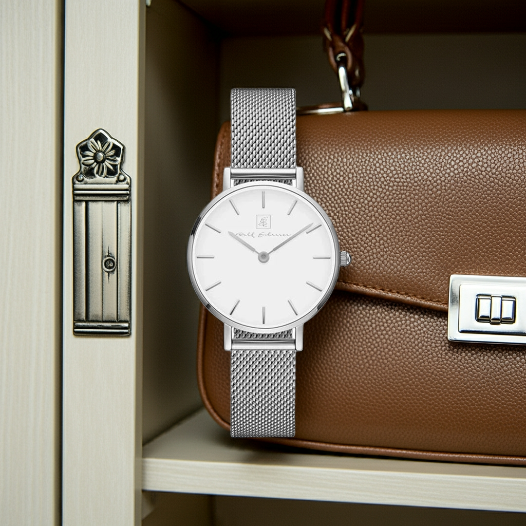 Der Klassiker- unvergänglich! Damenuhr Milanese Silber “Münster” 32 mm silberfarbenes Armband mit weissem Ziffernblatt