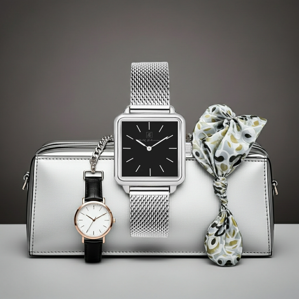 Passt zu allem!  viereckige Damenuhr “Bad Ems” 26×28 mm aus Silberbeschichtung mit schwarzem Ziffernblatt