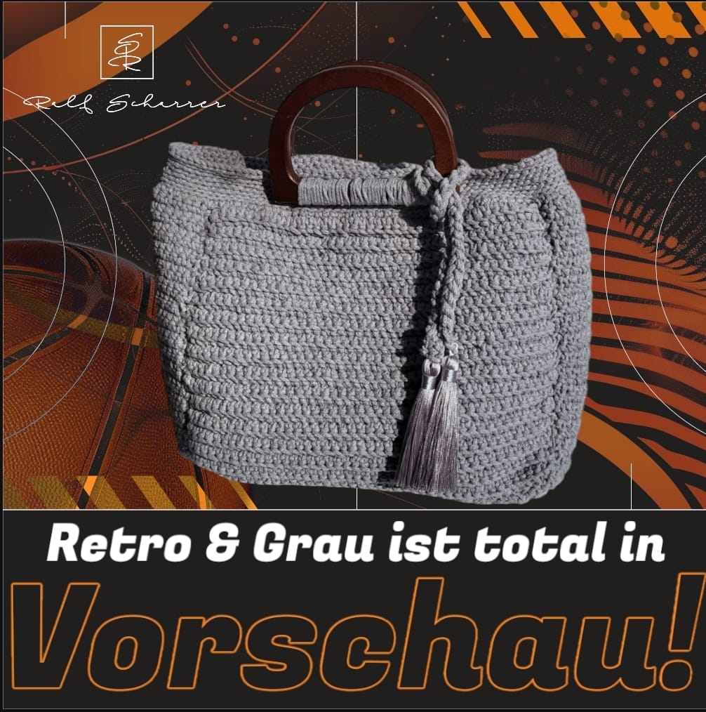 Strick- Tragetasche in Grau mit Holzgriff