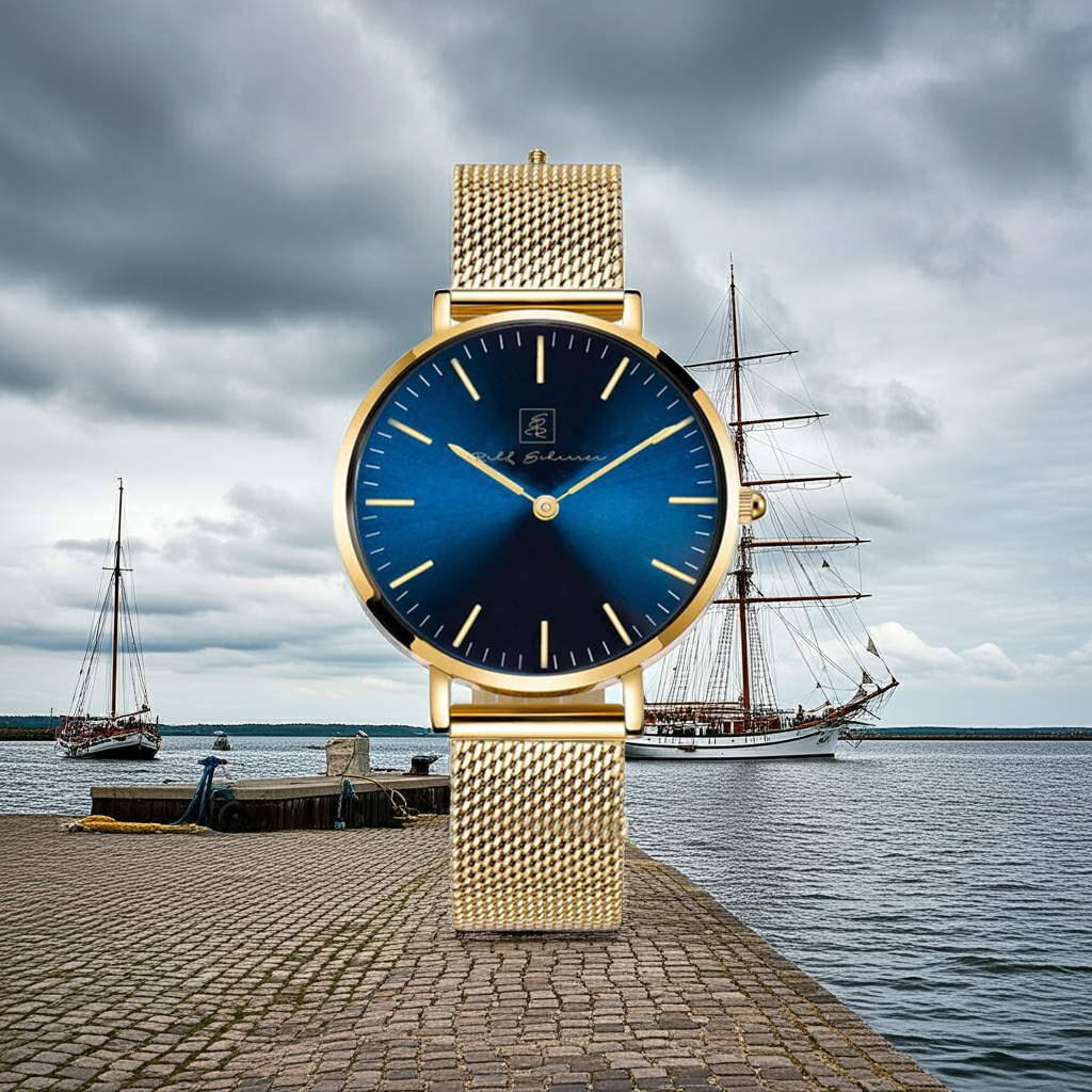 Kein Blink- nur Klasse! Armbanduhr “Rostock” 40 mm goldfarbenes Armband mit blauem Ziffernblatt