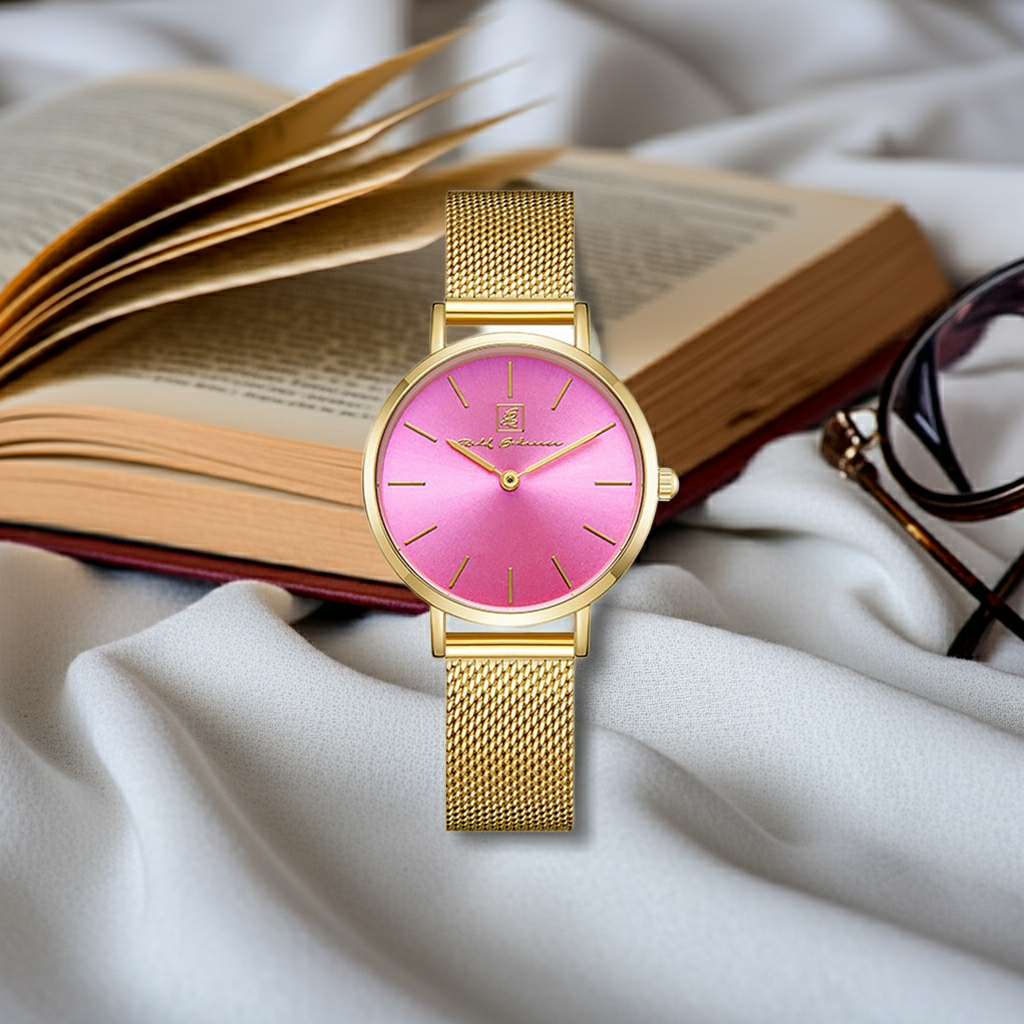 Neue Farbe- neues Du! Damenuhr Gold- Armband und Milanese Ziffernblatt pink “Leipzig” 32 mm