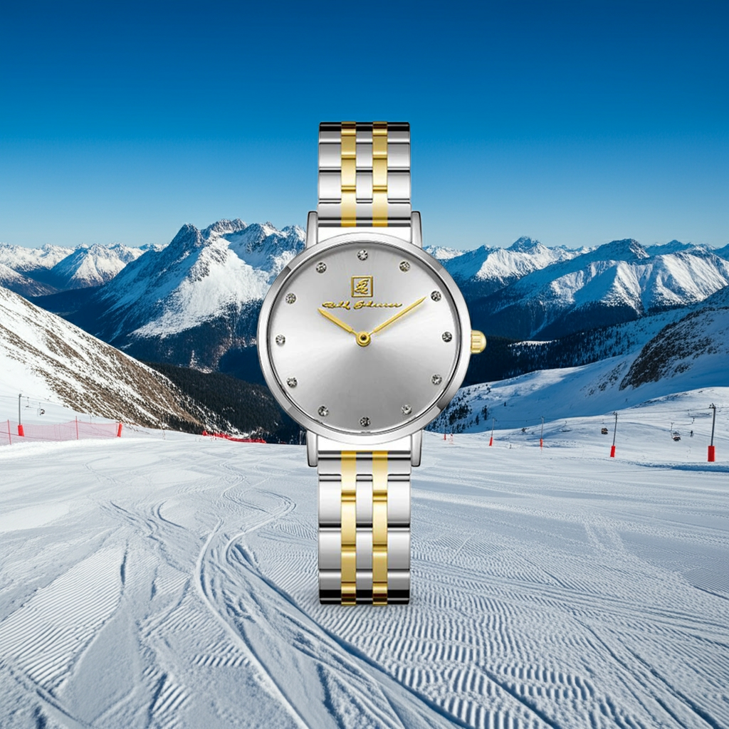 Gönn Dir Glanz! Damenuhr Edelstahl Gold/ Silber “Bayreuth Prestige” 32 mm mit silbernem Ziffernblatt und Straßsteinen