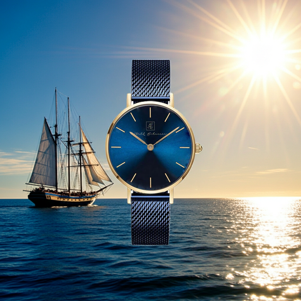 Stopp!! Dein Handgelenk langweilt sich! Armbanduhr  “Rügen” 40 mm mit blauem Ziffernbaltt und blauem Armband