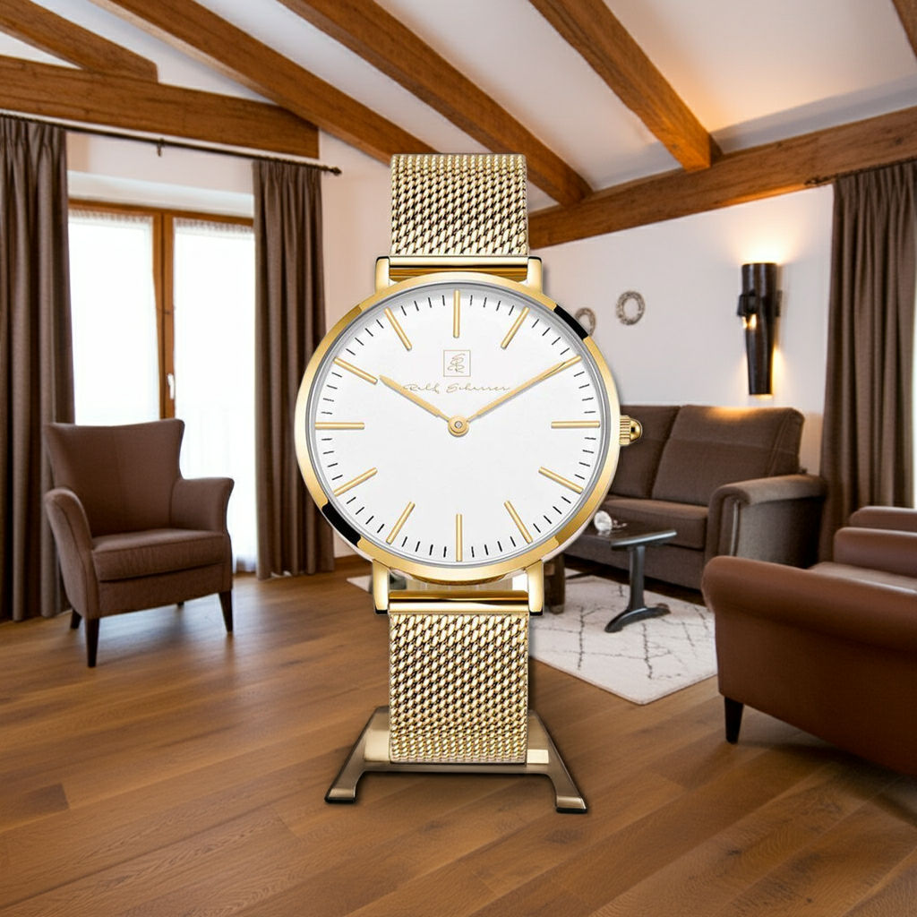 Eine Uhr- null Kompromisse!  Unisex-Armbanduhr “Schwabach” 32 mm/ 40 mm in Goldfarben mit weissem Ziffernblatt