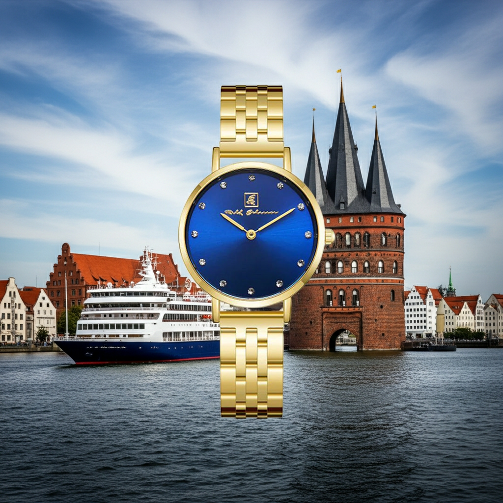Zeit für Deinen eigenen Stil!  Damenuhr Edelstahl- Armband  Gold mit blauem Ziffernblatt “Lübeck Prestige” 32 mm